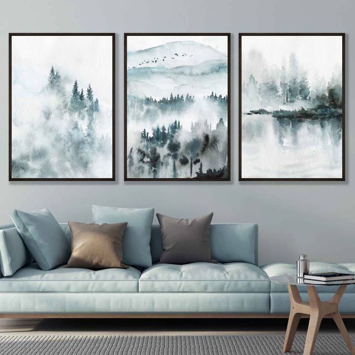 Set of 3 Abstract Watercolour Teal Blue Forest Lake Wall Art Prints for wholesale by Artze Wall Art