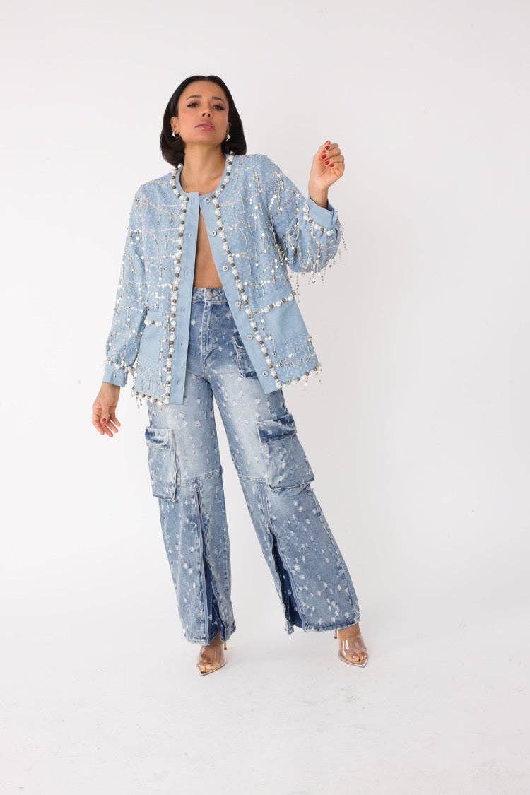 DENIM Blå denimjacka med paljetter och pärlor– 82384 för wholesale på Faire1