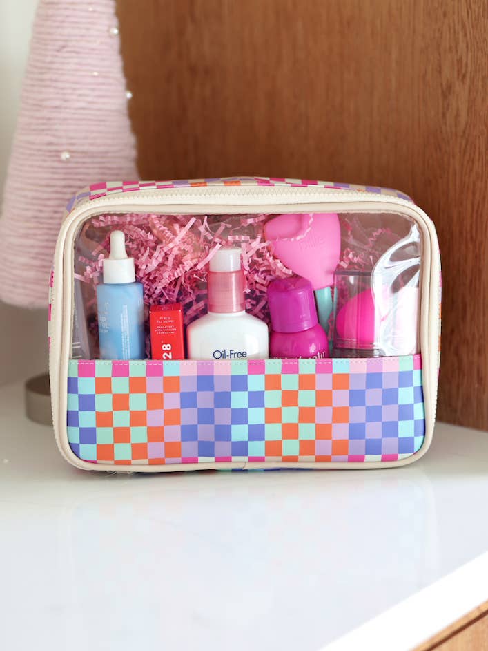 Oversized Cosmetic Bag - Happy Checkered for wholesale by Jadelynn Brooke
