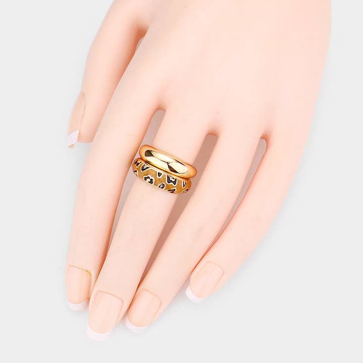 Sensibling Corp. - Wholesale Band/Stacked Ring - 2PCS - Enamel Leopard Patterned Metal Band Mixed Rings2