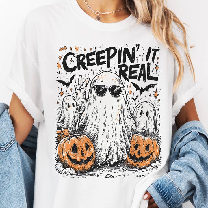 Halloween Creepin It Real Ghost Retro Spooky Graphic Tee for wholesale by Par.tees by Party On!