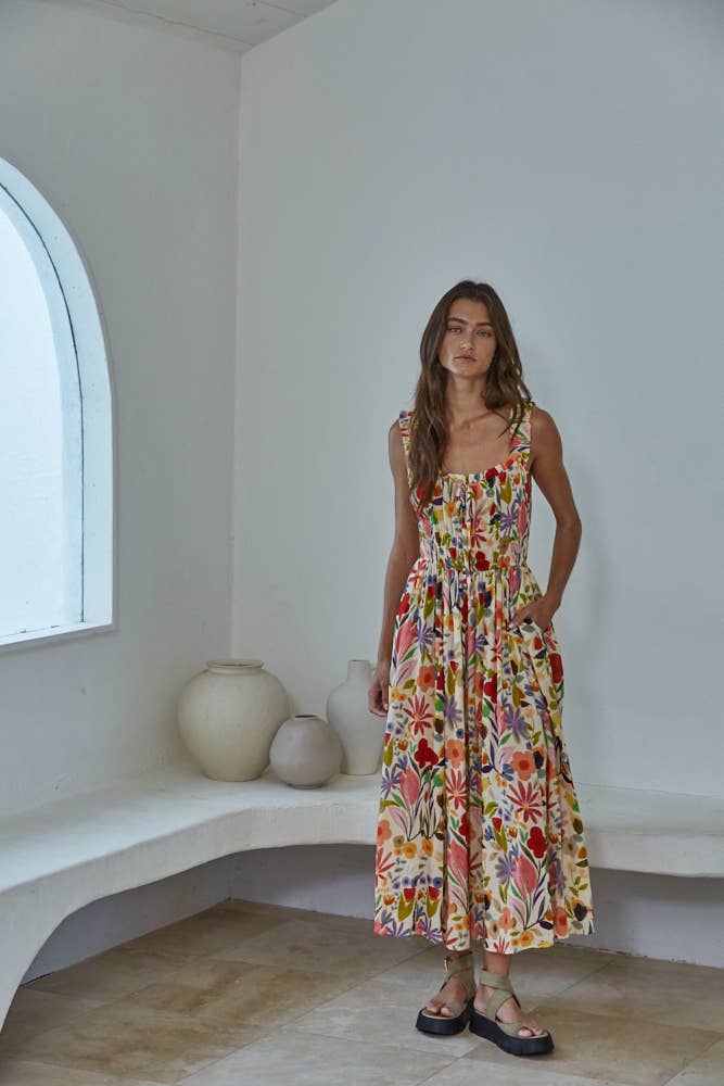 Desert Tan Multi L9342 | Woven Cotton Rayon Floral Print Sleeveless Dress  for wholesale on Faire1