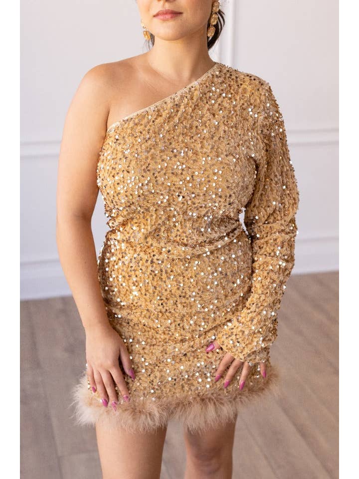 Feathered Opulence Sequin Dress in Gold for wholesale on Faire