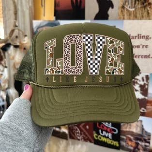 LOVE LIKE JESUS DTF Printed - UNISEX Olive Trucker Hat for wholesale by Southern Attitude Designs Inc