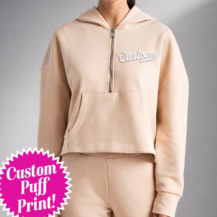 CUSTOM LADIES' Puff Print Half Zip Hooded Sweatshirt for wholesale by Nobullwoman Apparel
