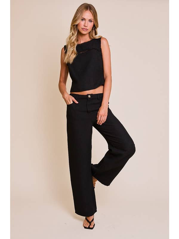 Black SLEEVELESS BOAT NECK FRONT CUT OUT TOP WITH WIDE LEG PANTS for wholesale on Faire