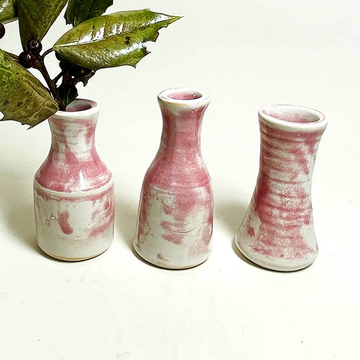 Spotted Pink Ceramic Bud Vase Mini Bottles for Flowers 5/cs for wholesale by Cedarleaf Ceramics