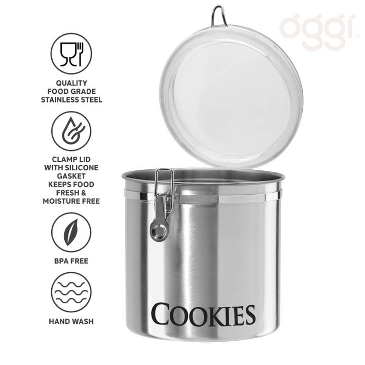 Oggi - Wholesale Canister - Stainless Steel Jumbo COOKIES Clamp Canister (8" H, 150 oz)