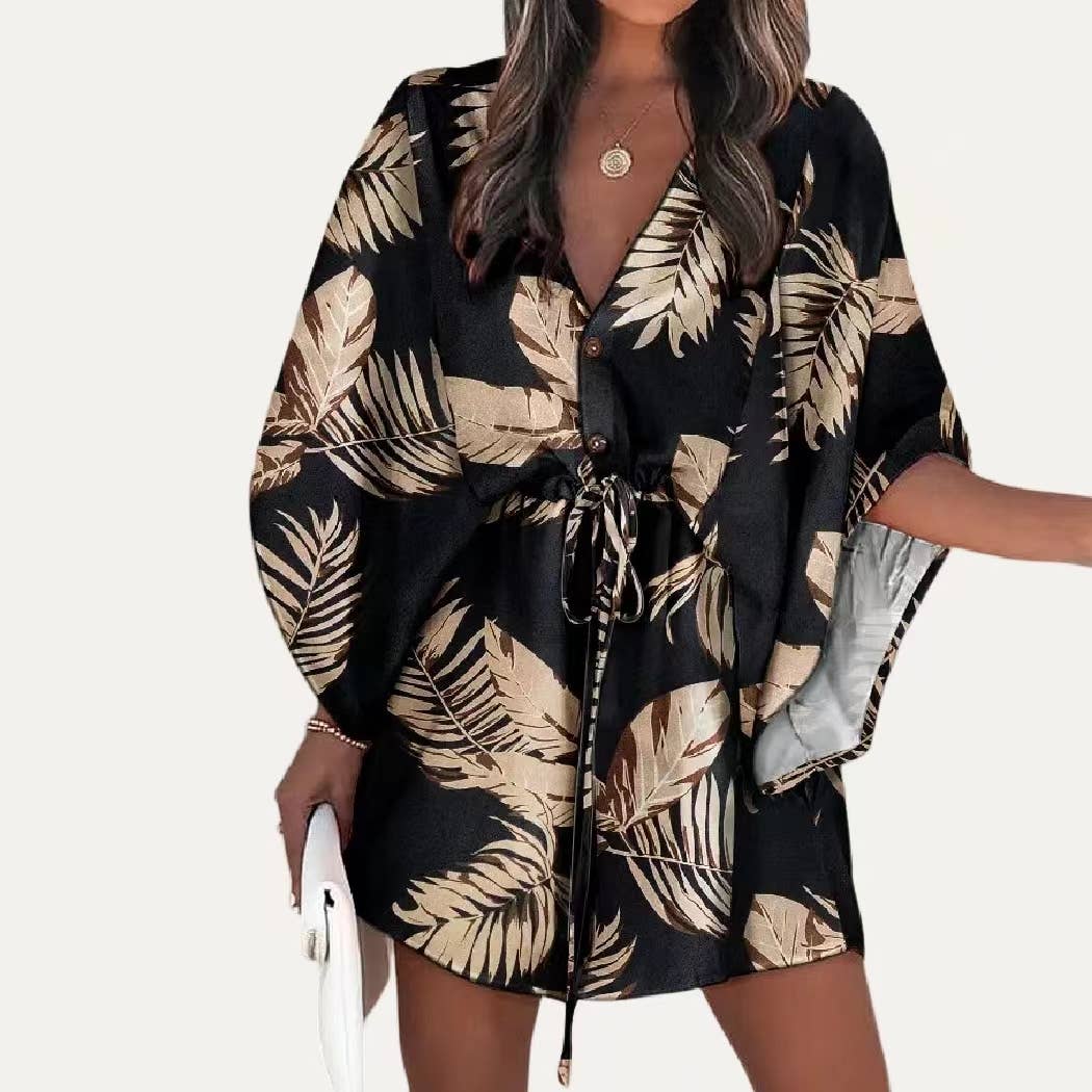 The Moment Collection - Wholesale Swim Cover Up - Women's - Floral Print Button Tying Wasit Half Sleeve Cover Up1