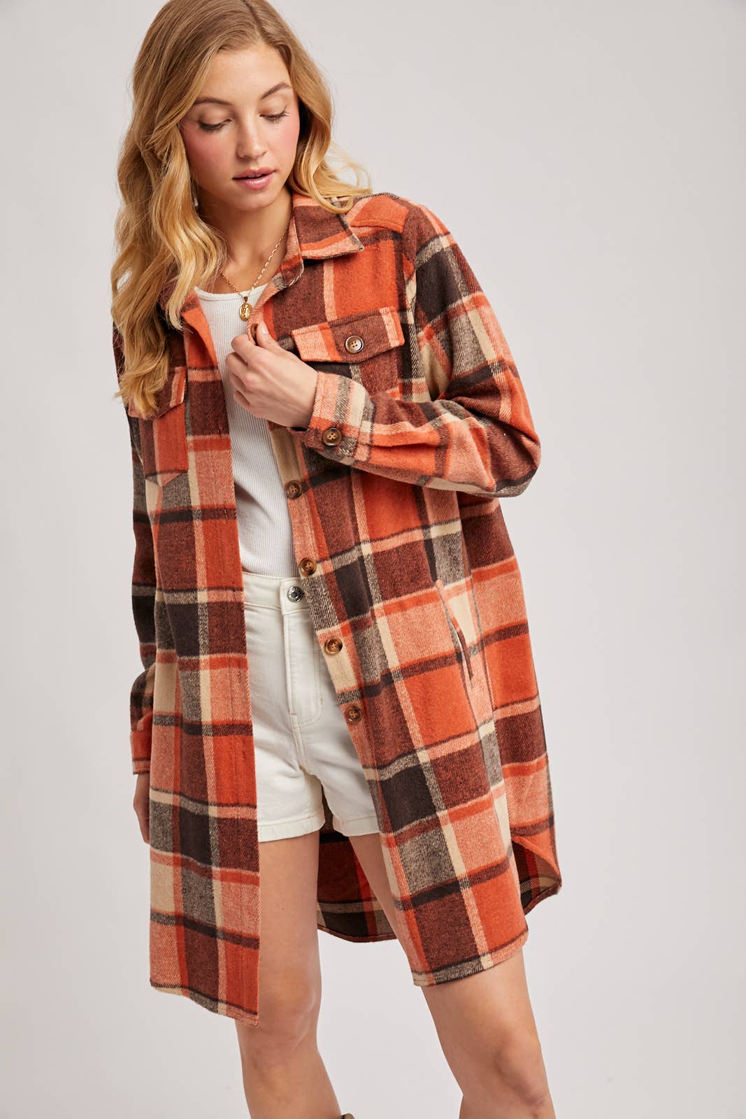 Bluivy – Engroshandel Skjortejakke/shacket – til kvinder – FLANNEL PLAID LANGLINE SHACKET33