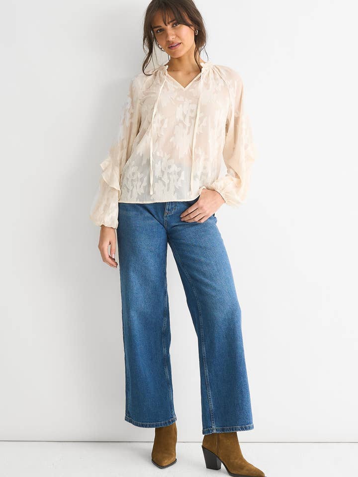 GINI LONDON - Wholesale Blouse - Women's - Cream Jacquard Floral Long Sleeve Blouse2