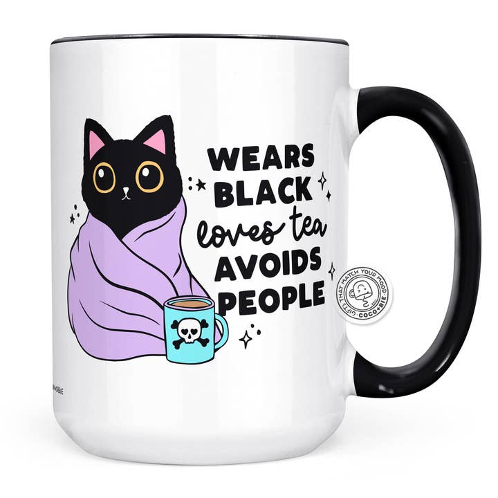Wears Black Loves Tea Avoids People Mug - Introvert Mug for wholesale by coco+bie designs