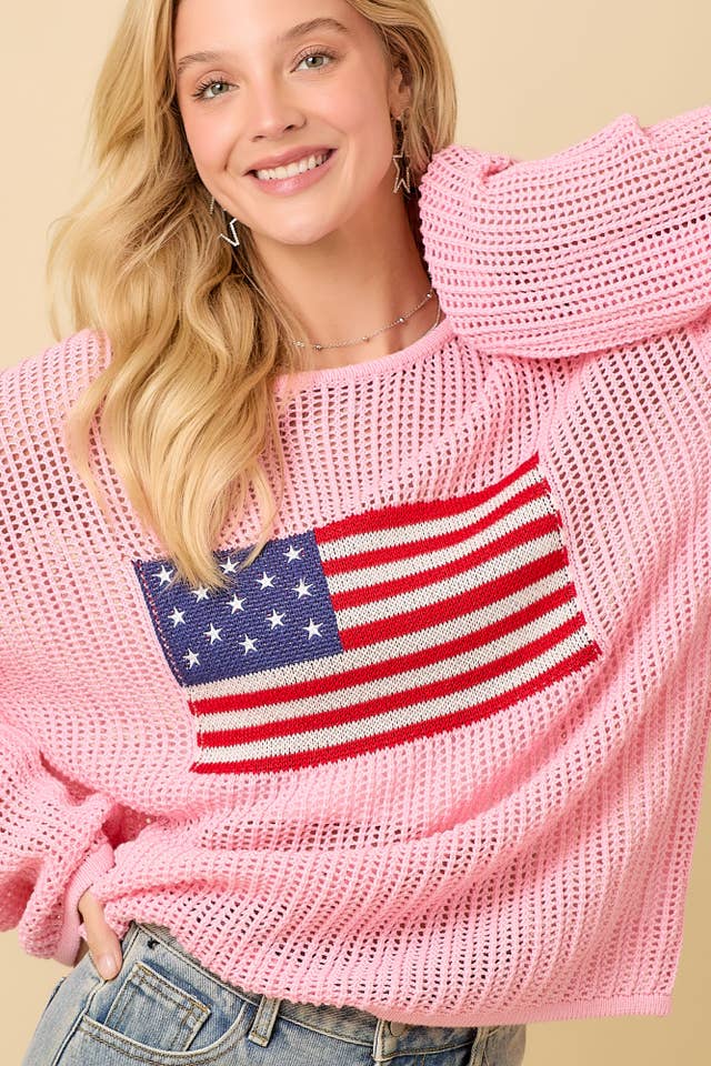 Main Strip - Wholesale Knit Top - Women's - 4th of July Boat Neck Crochet Sweater Knit Top