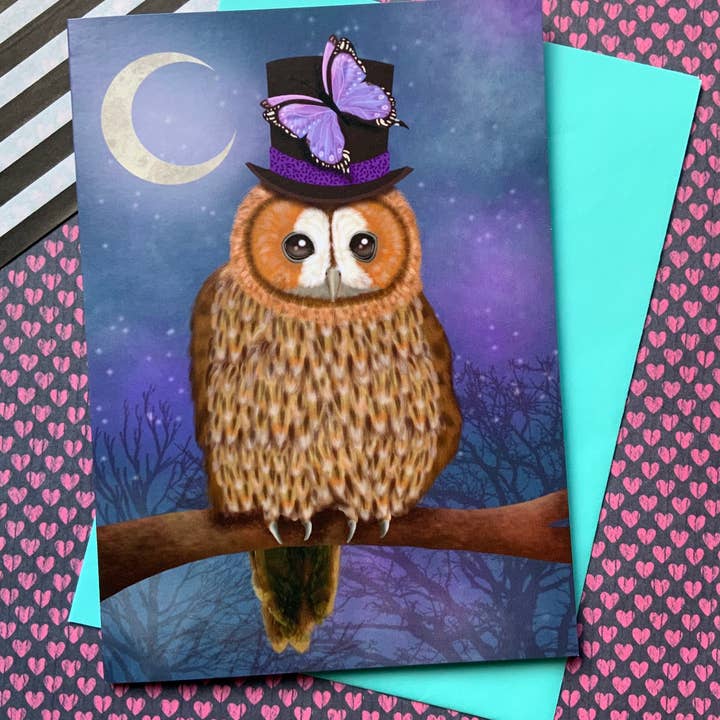 Grußkarte mit Eule aus Pyewacket, Kunstkarte im Wald, Vogel für den Großhandel von Crimson Finch