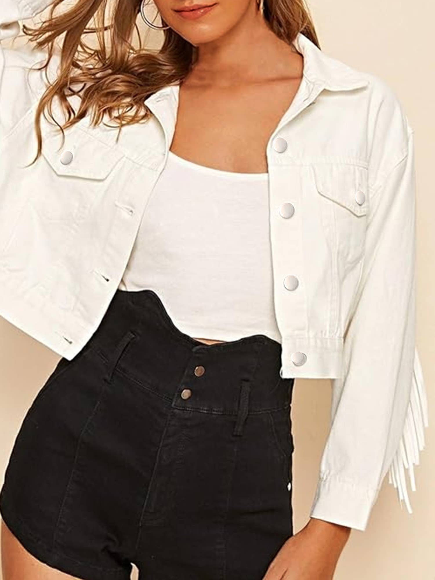 Women's White Fringe Cropped Denim Jacket for wholesale on Faire6