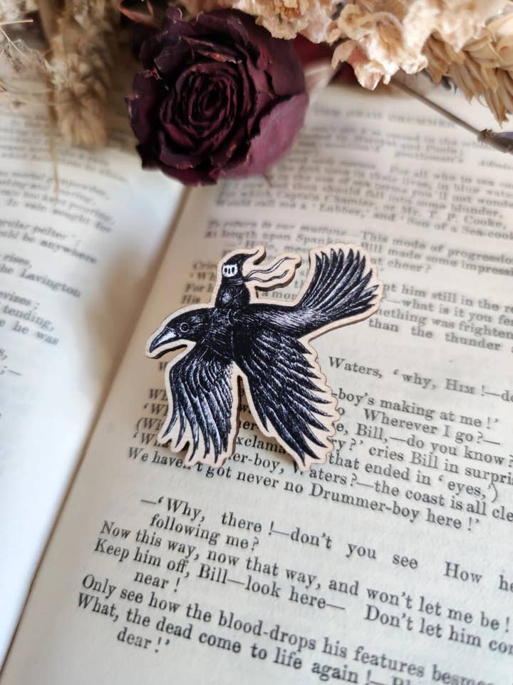 Crow Rider Wooden Pin Badge for wholesale by Jon Turner Illustration