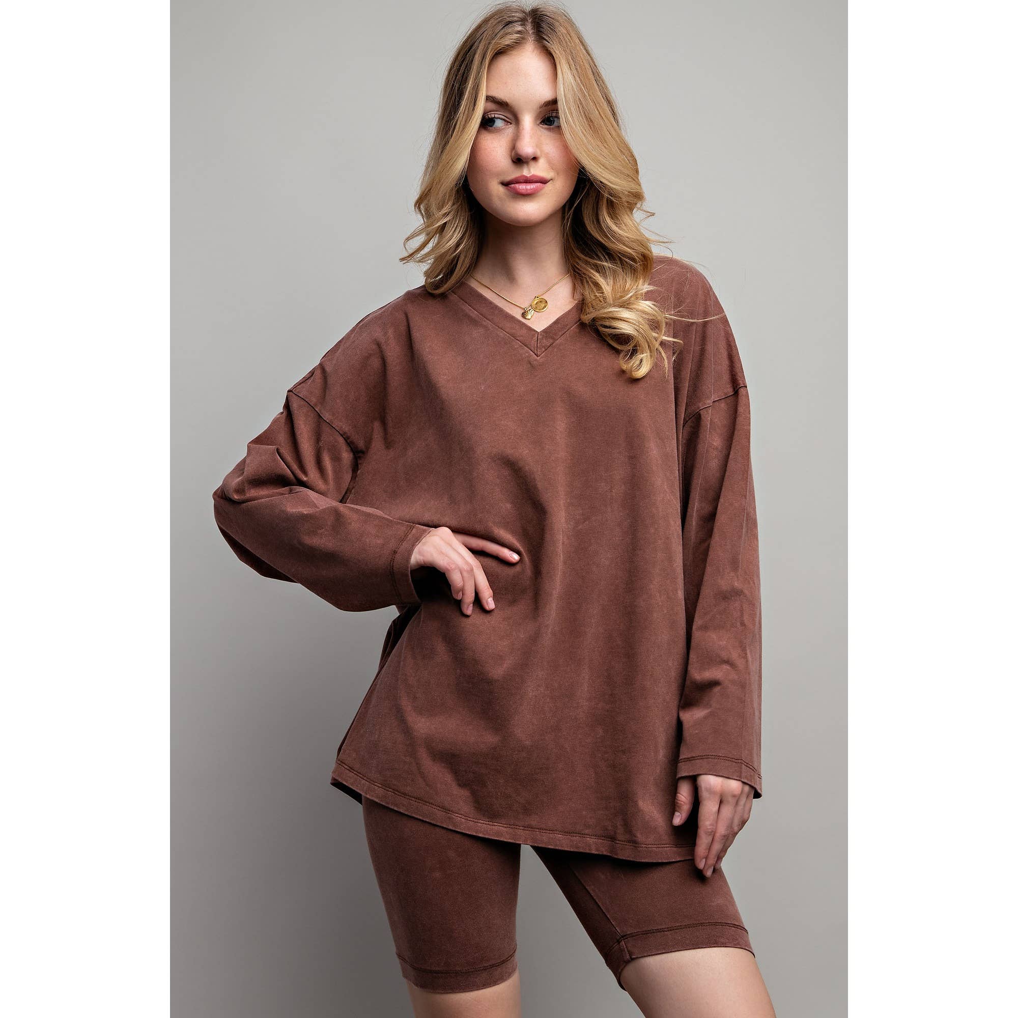 Sweet Generis - Wholesale Lounge Set - Women's - COTTON MINIERAL WASHED OVERSIZE TOP WITH CASUAL BIKER SHORT 0