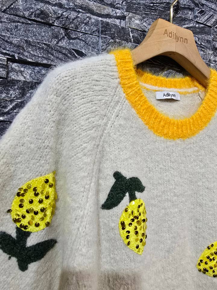 Ecru Knit sweater with lemon embroidery and sequins PT10043 for wholesale on Faire1