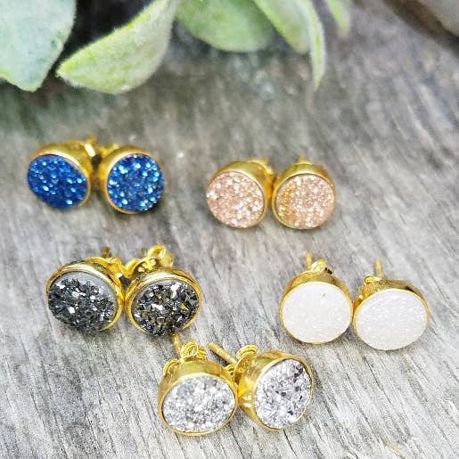 Sosie Designs - Wholesale Stud/Post Earrings - Gold Druzy Quartz Studs Earrings 9MM - Rainbow White