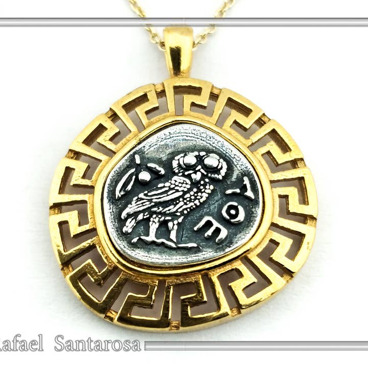 RAFAEL SANTAROSA - Wholesale Pendant/Charm Necklace - Owl coin pendant. Athena's owl necklace tetradrachm oxidized
