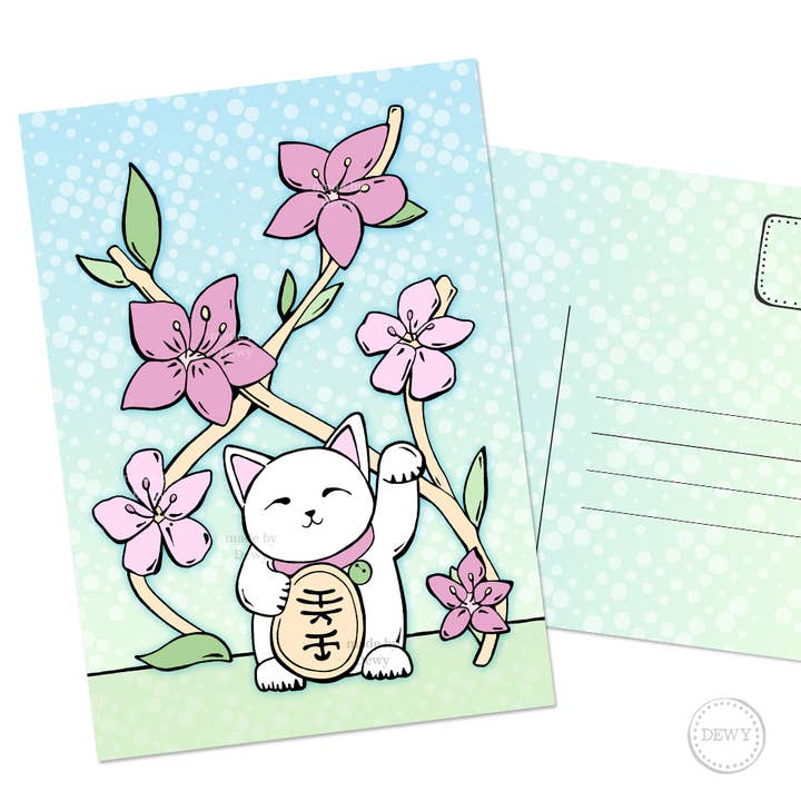 A6 postcard - Kawaii Lucky Cat & Sakura Flowers for wholesale by DewyCreations