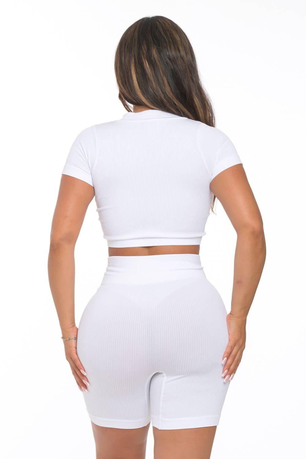 Lime All the Time - Wholesale Activewear Set - Women's - 2 Pc Rib Seamless Split Zipper Crop and Highwaist Short Set13