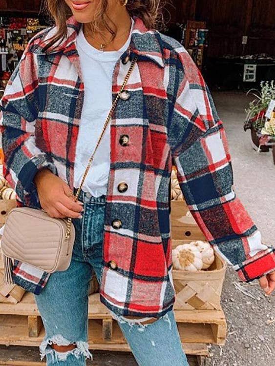 Fashion Combination - Wholesale Jacket - Women's - new plaid print buttoned long sleeve shacket
