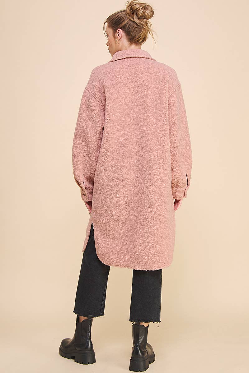 Dusty Rose Long Sherpa Shacket with Pockets for wholesale on Faire15