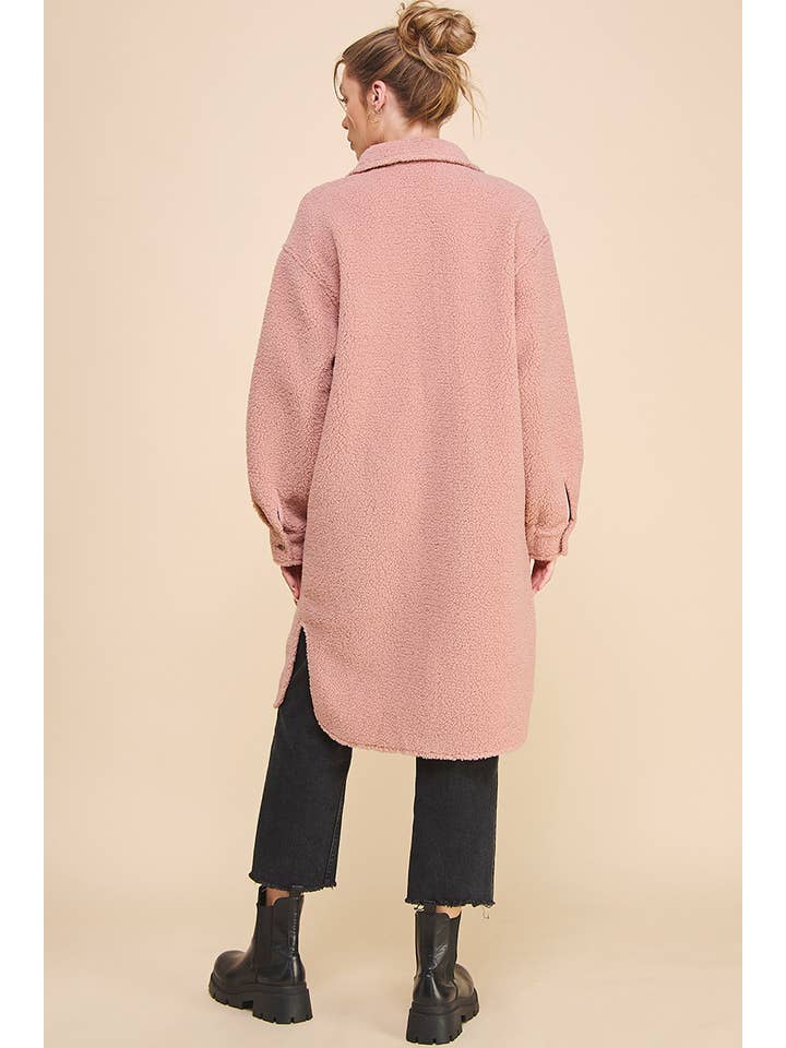 Dusty Rose Long Sherpa Shacket with Pockets for wholesale on Faire15