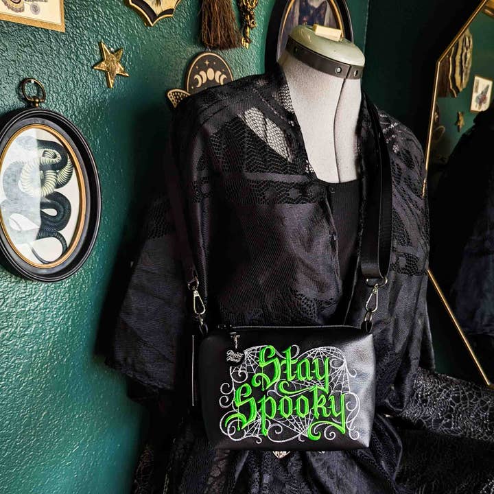 Black and Lime Green Stay Spooky Embroidered Small Crossbody Bag – Handmade, Vegan Leather, Gunmetal Hardware for wholesale by Project Pinup