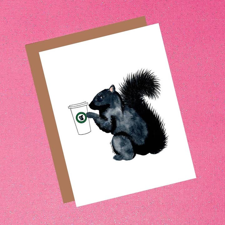 Biglietto di auguri con scoiattolo nero con tazza di caffè per la vendita all'ingrosso da parte di Tiffany Ascensio Designs | Watercolor Greeting Cards