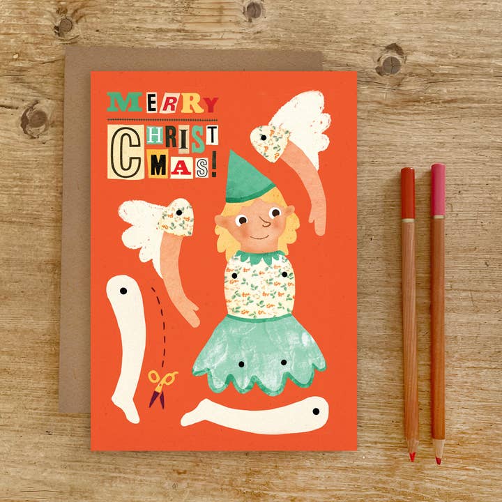Christmas Fairy Split Pin Puppet A5 Christmas Card for wholesale by Emily Nash Illustration Greeting Cards