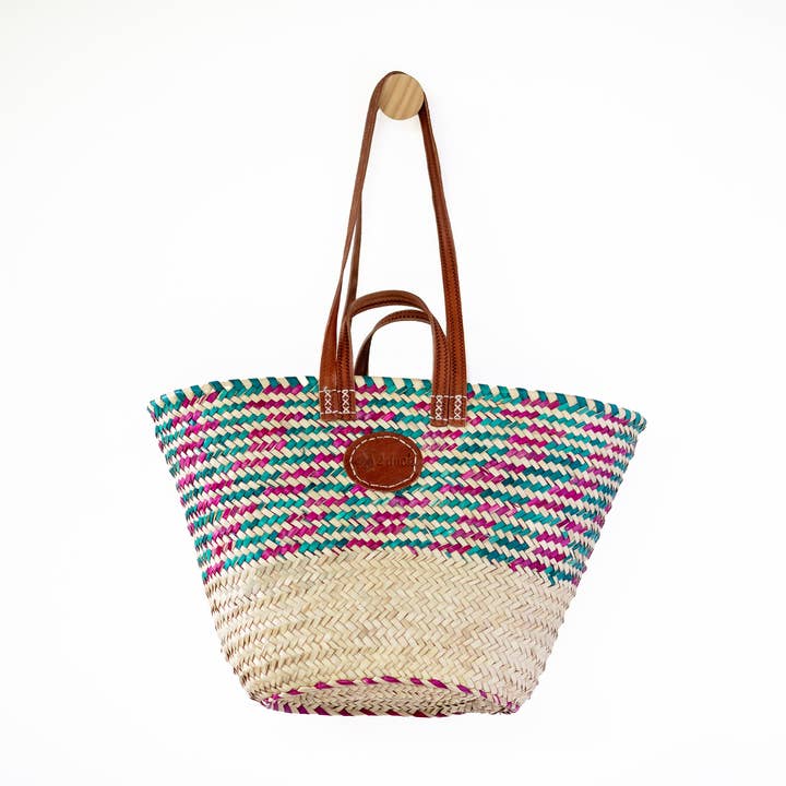 Classic Market Basket With Green And Pink Weaving for wholesale by 2 Duck Trading Company