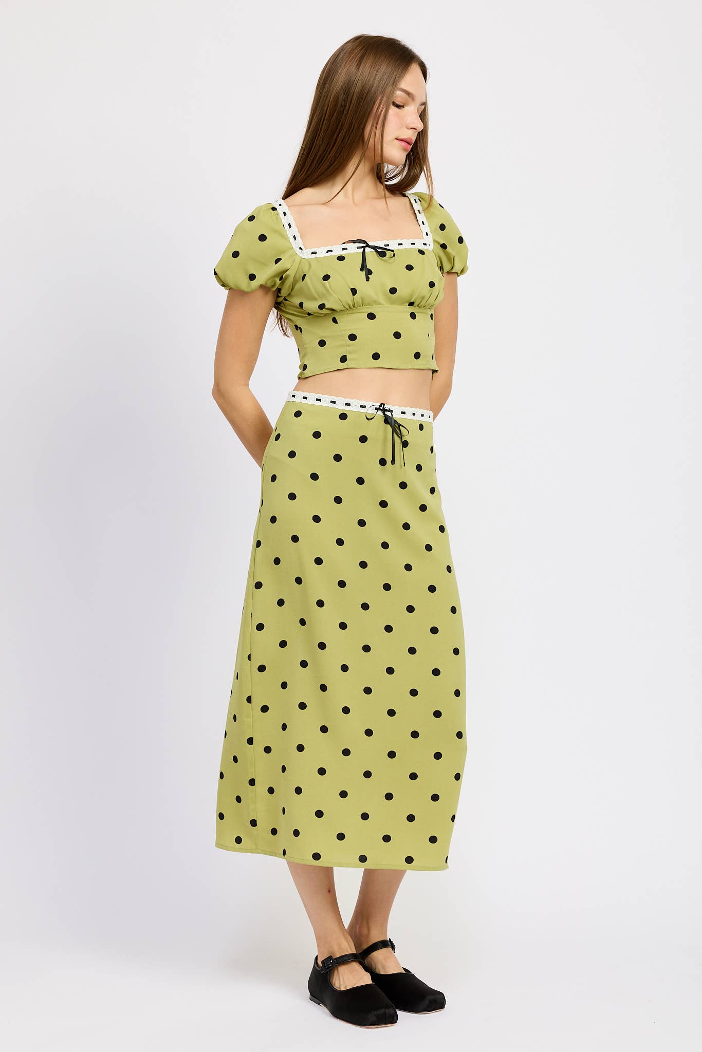 POLKA DOT MIDI SKIRT WITH LACE TRIM for wholesale on Faire3
