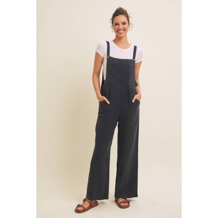 in february - Wholesale Jumpsuit - Women's - MINERAL-WASHED SUPER SOFT GAUZE WIDE-LEG OVERALL JUMPSUIT