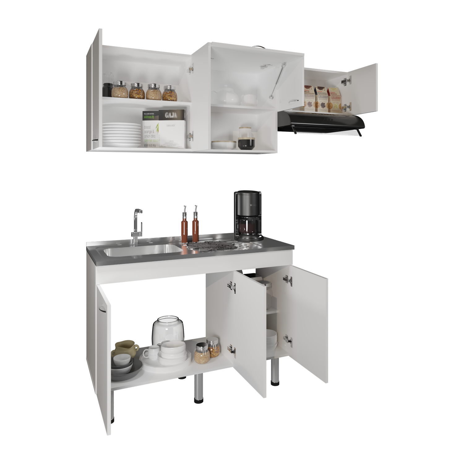 Blanc Ensemble de meubles de cuisine Oceana 2 pièces avec évier en acier inoxydable, huit étagères, base à trois portes, armoire murale à cinq portes, cuisine, armoire de rangement, garage en vente sur Faire2