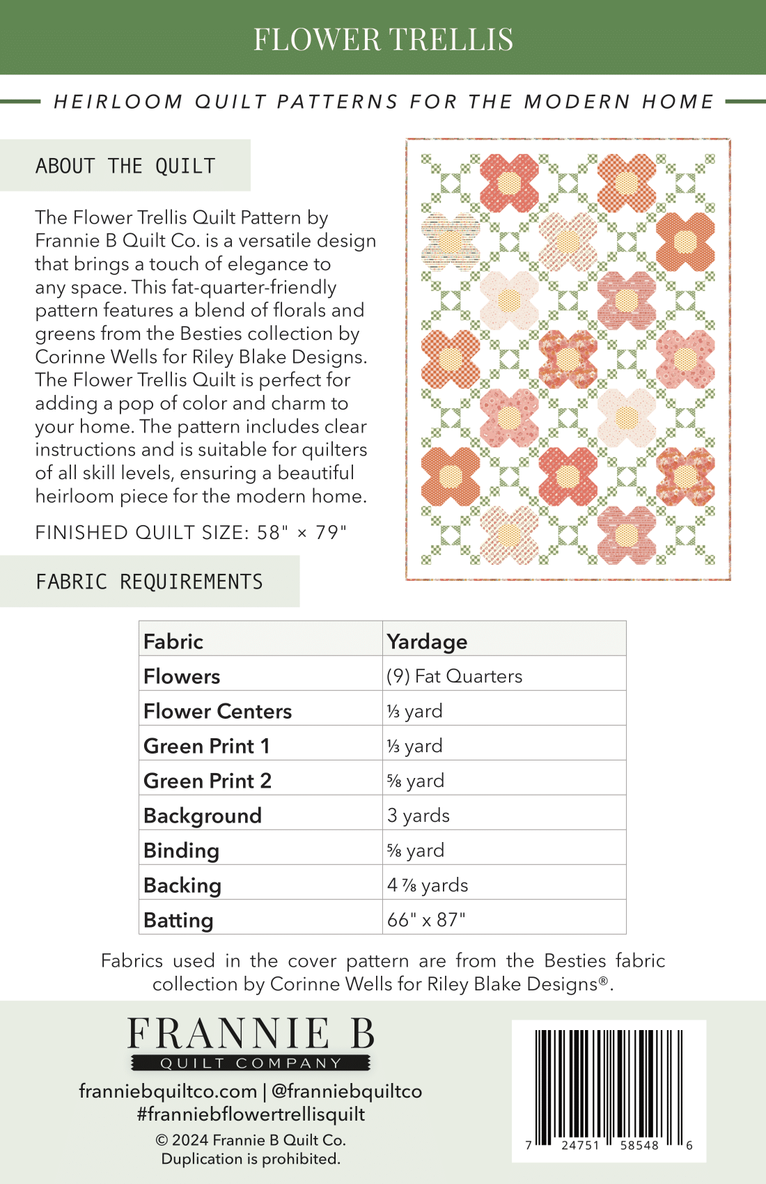 Frannie B Quilt Company - Wholesale Craft Sewing Kit - Flower Trellis Quilt - Paper Pattern1