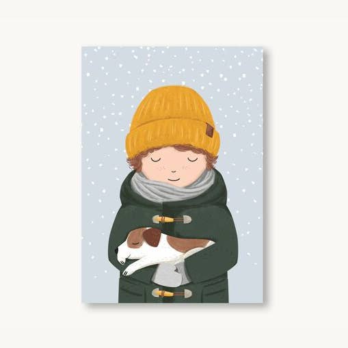 Postkarte Winter Junge mit Hund für den Großhandel von VIERUNDFÜNFZIG