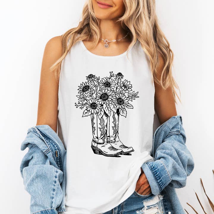 Floral Cowboy Boots, Western, Country Tank Top for wholesale by Refinery Number One LLC