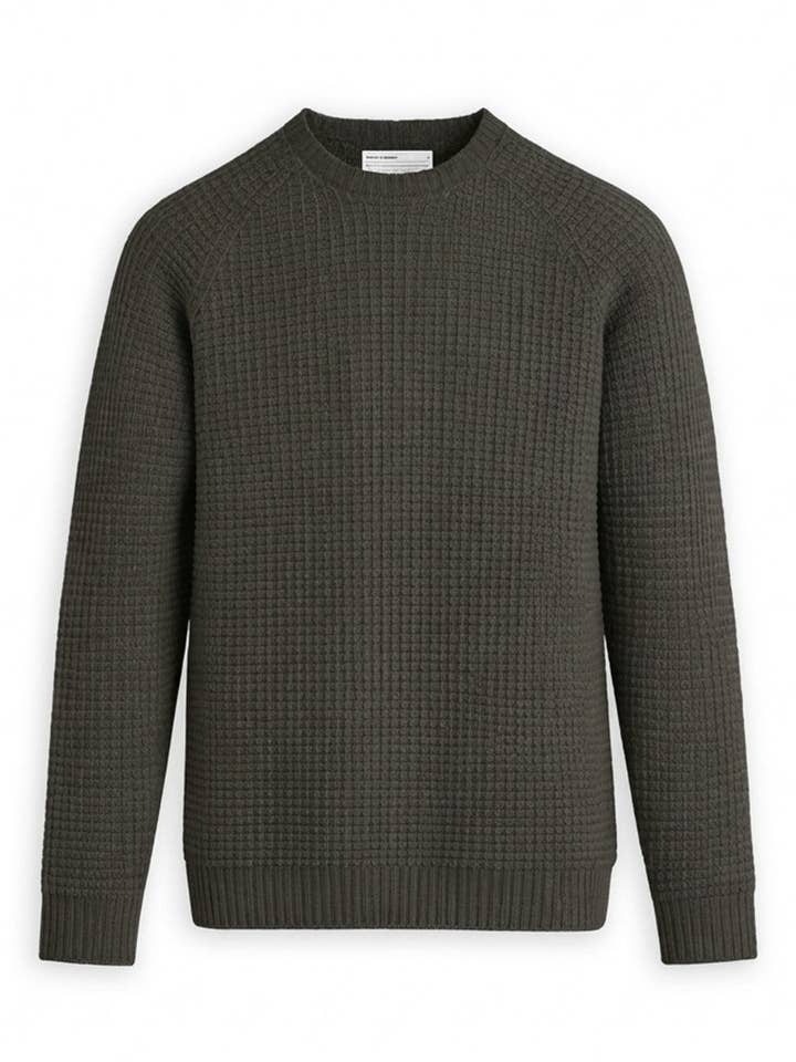 Herren Travel Merino Leichter Waffelstruktur-Rundhalspullover – Dunkelgrün/Braun für den Großhandel von Ministry Of Supply