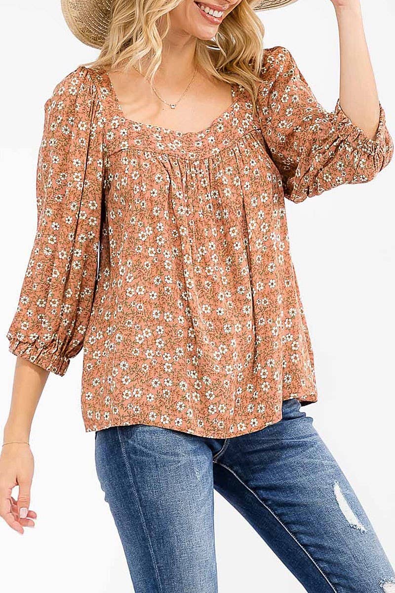 ROUSSEAU - Wholesale Blouse - Women's - 3/4 SLEEVE SQUARE NECK FLORAL TUNIC BLOUSE