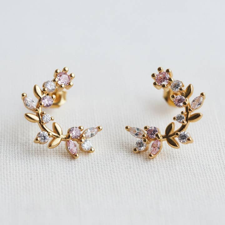 Vintage Inspired Cubic Zirconia Flower Leaf C-Shape Earrings for wholesale by Ellemadera