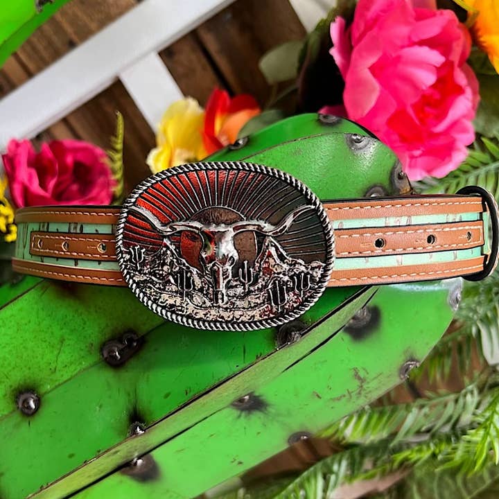 Kids Charm Online - Wholesale Belt - Kids - CACTUS PRINTED KIDS BELT WITH LONGHORN COW BUCKLE.