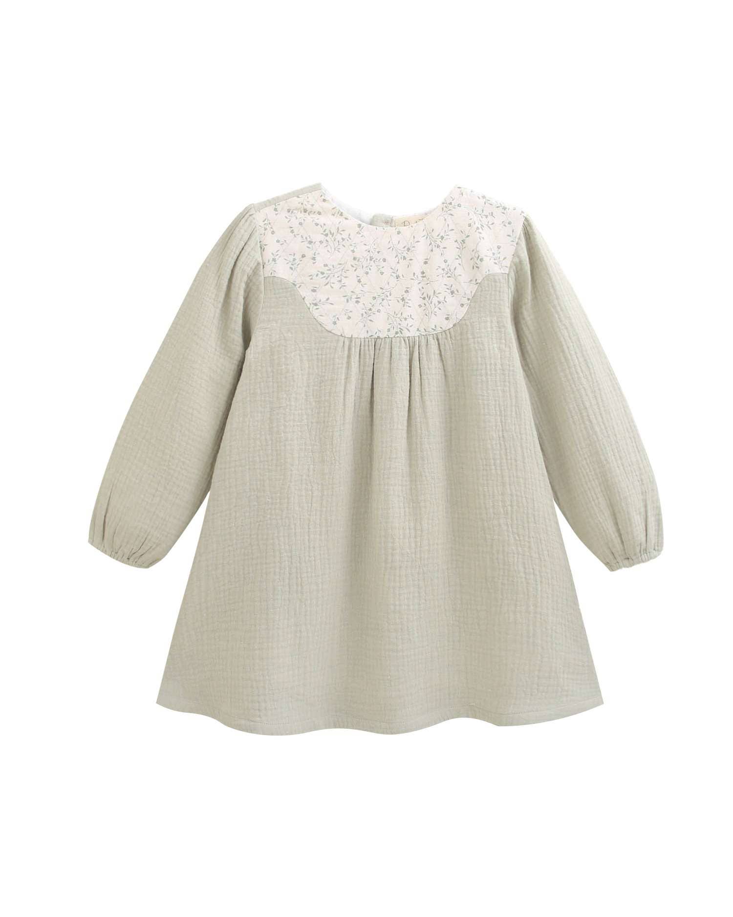 Green muslin girl's dress with floral detail for wholesale on Faire2