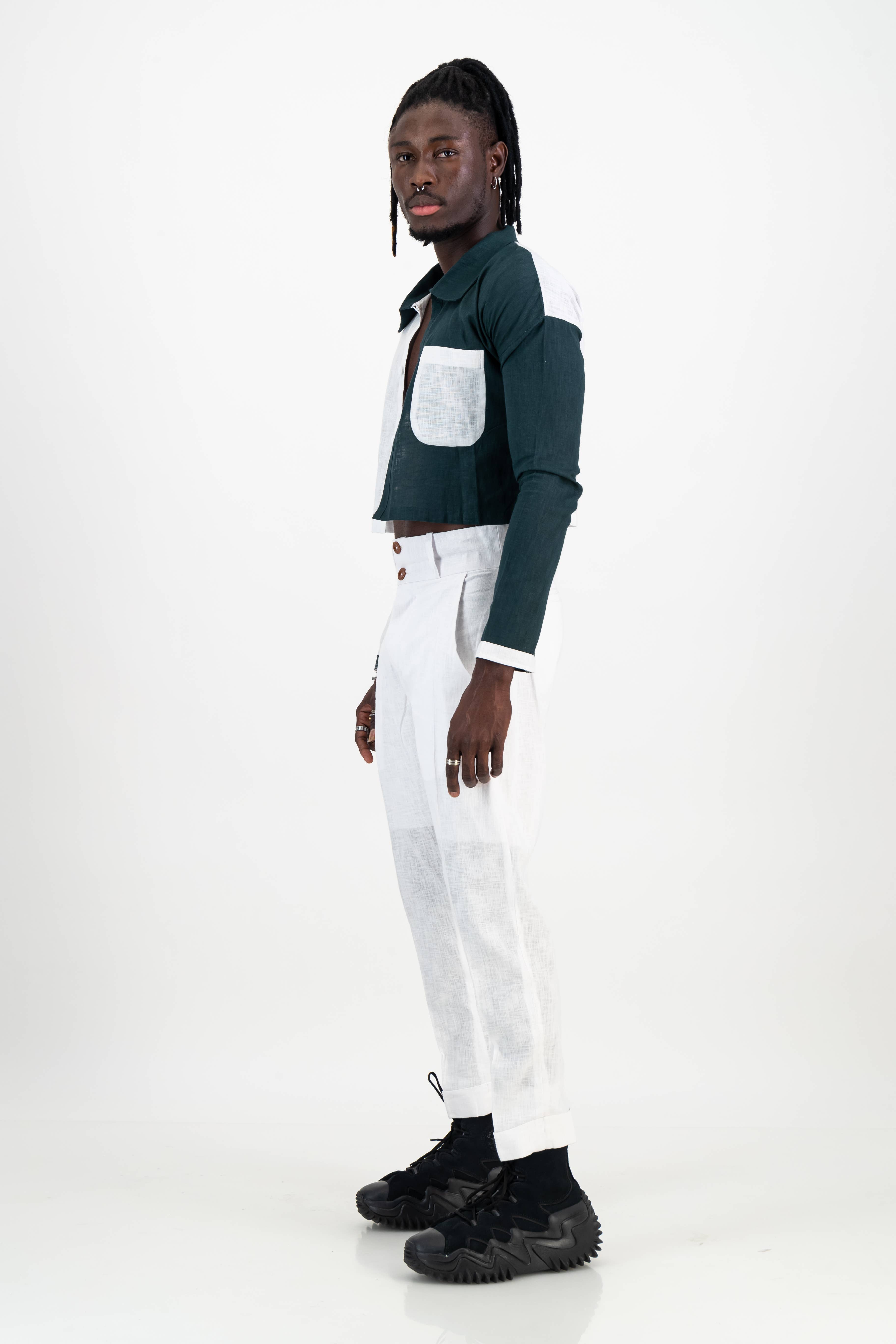 White and Green Unisex Linen Crop Top for wholesale on Faire4