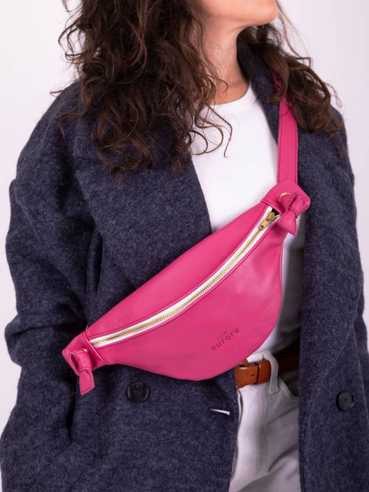 Nina banana con manici in pelle - Fucsia per la vendita all'ingrosso da parte di Ligne Aurore