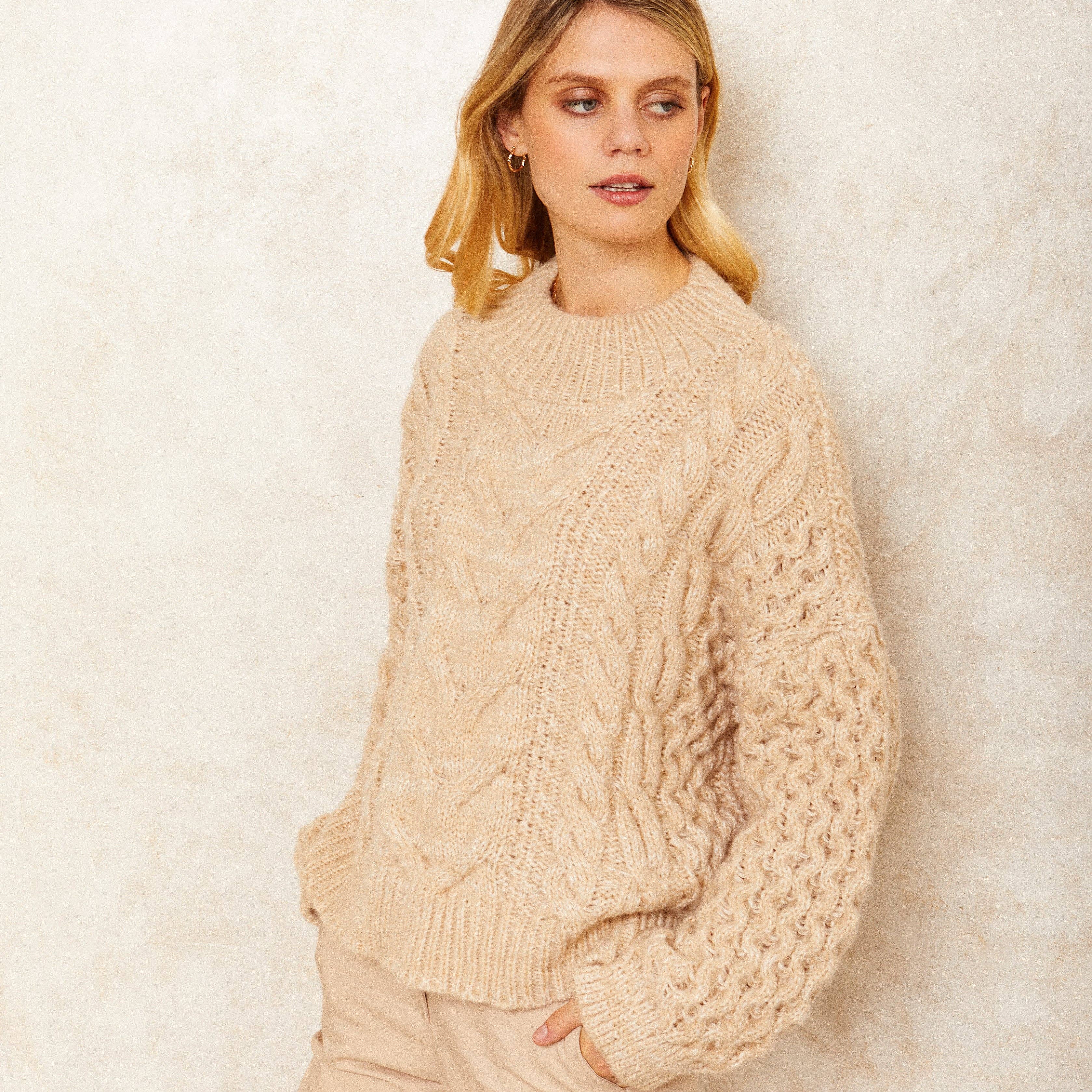 Bella Cable High Neck Jumper - Biscuit for wholesale on Faire2