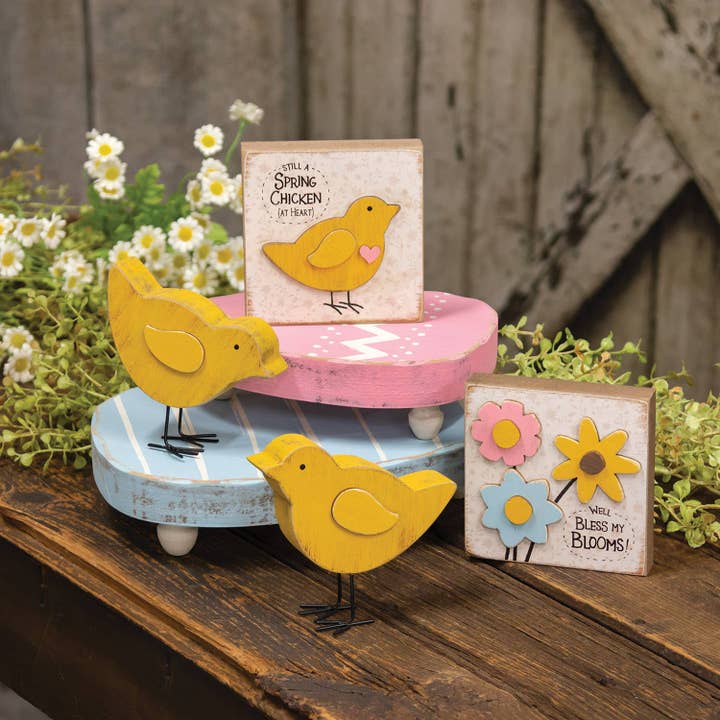 CWI Gifts - Vendita all'ingrosso Decorazioni da tavolo - Chunky Chick Sitter in legno invecchiato, 2 pezzi2