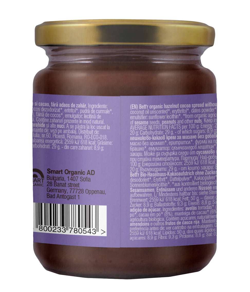 Smart Organic - Vente Beurres de noix - Pâte à tartiner noisette-cacao bio sans sucres ajoutés Bett’r, 250 g1
