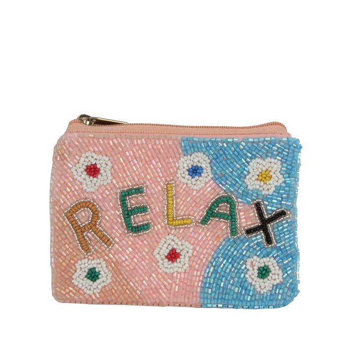 Ladies Fully Beaded RELAX Theme Coin Purse for wholesale by Nima Accessories Inc